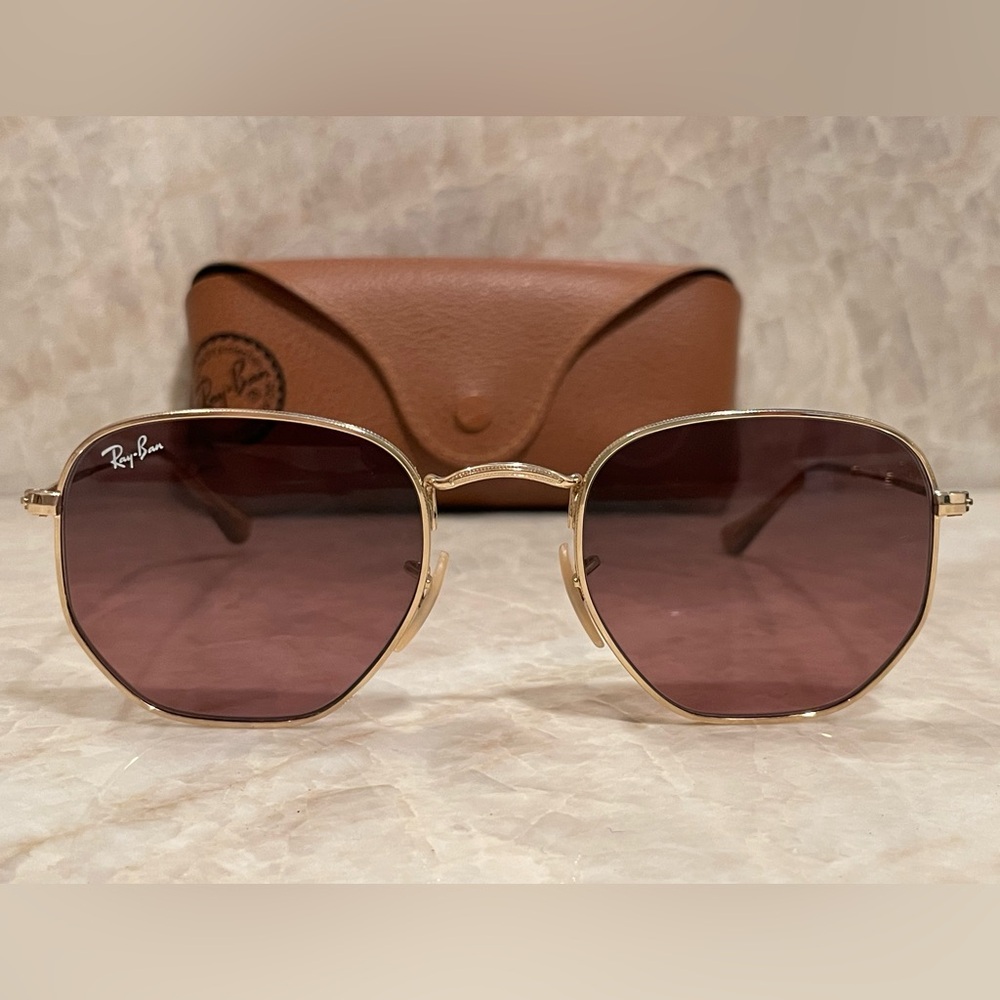 Ray-Ban RB3548 Hexagonal Sunglasses Gold Frame Light Brown Gradient Lenses